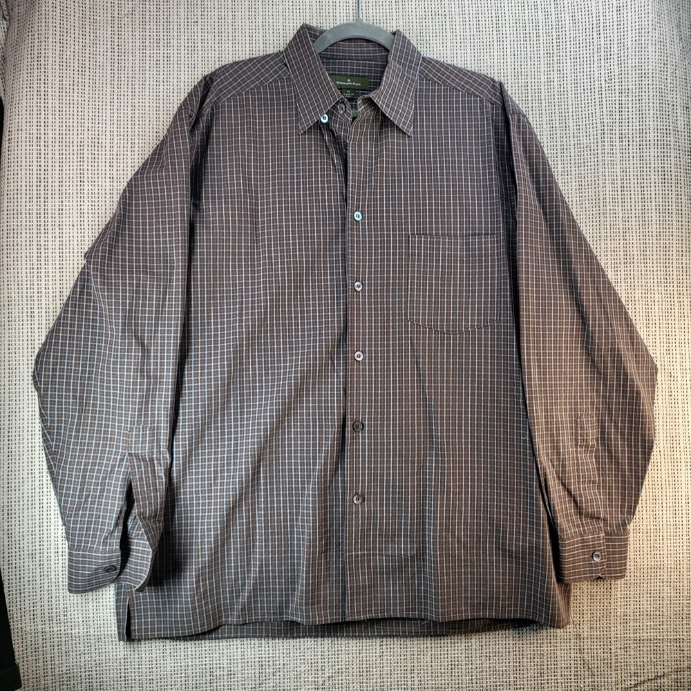 Ermenegildo Zegna Shirt Mens Extra Large Brown Plaid Button Front Made Italy